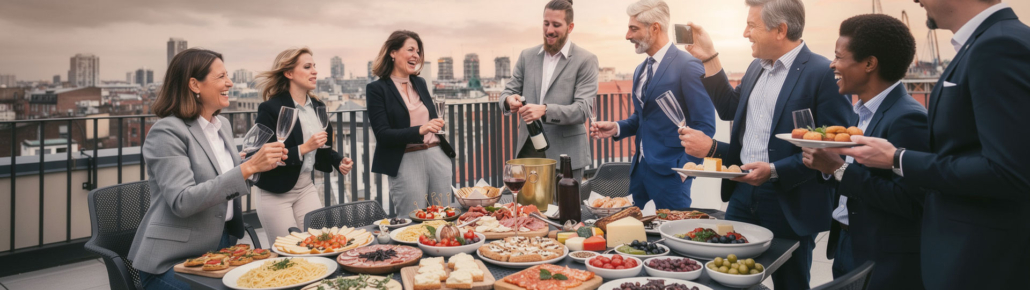 Rooftop Szenario mit Büroleuten im Businesslook, die gut gelaunt um einen prachtvoll gedeckten Tisch mit vielen italienischen Häppchen und anderem Fingerfood stehen und mit Gläsern in der Hand eine Flasche Sekt öffnen.